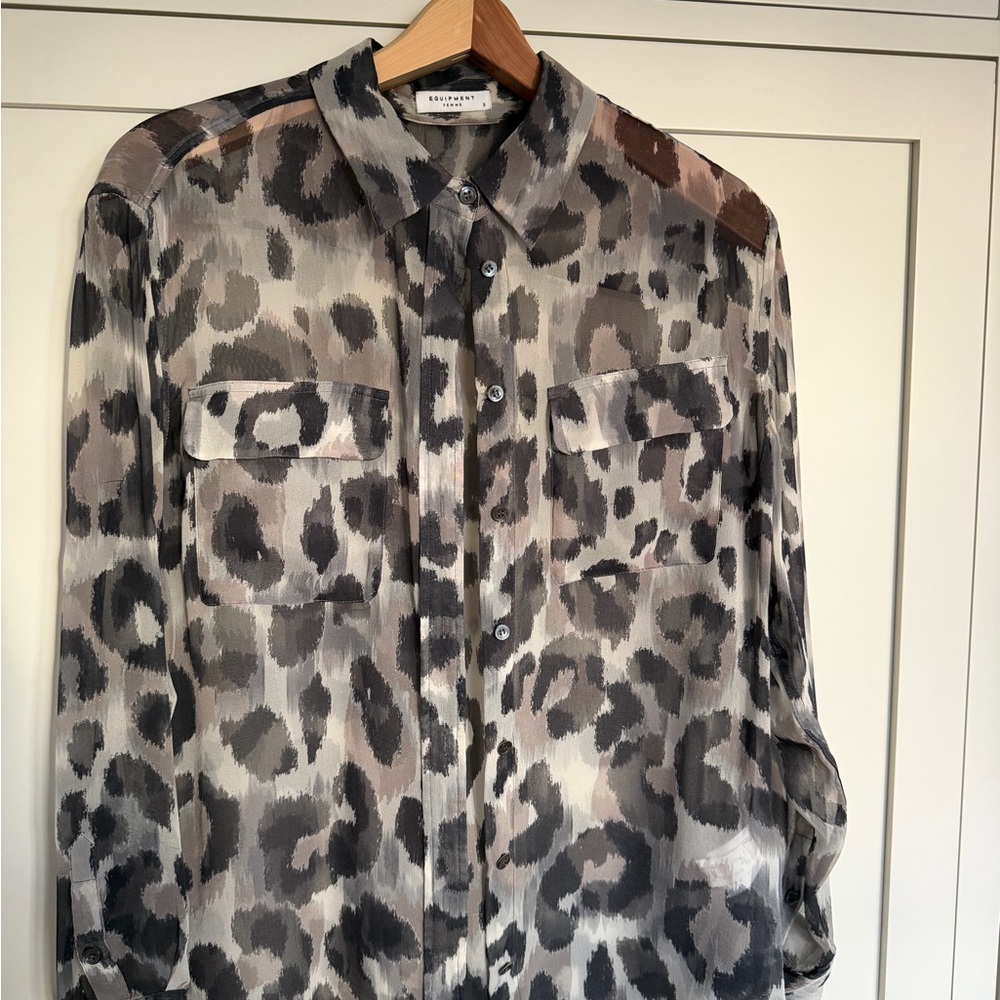 Equipment Sheer Silk Gray Leopard Print Shirt